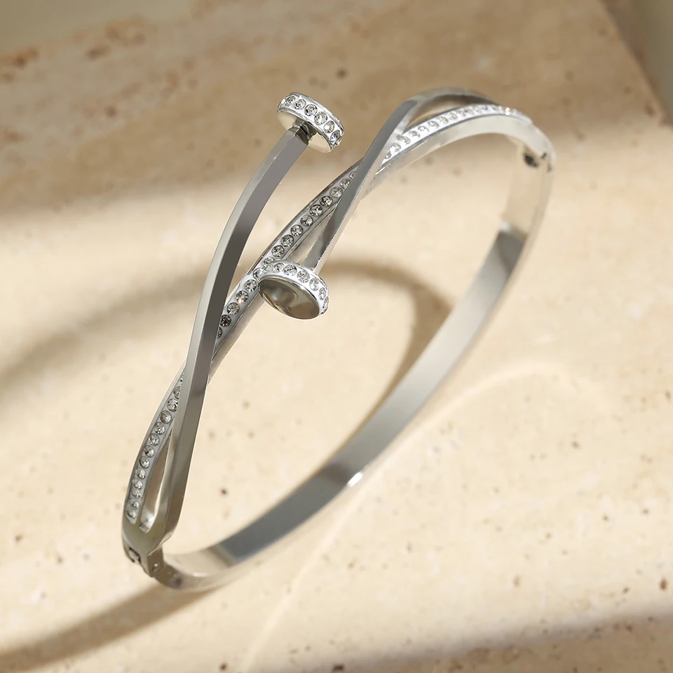Luxury Unique Double Crystal Nail Head Cross Stainless Steel Bracelet For Woman Love Wedding Gift Bangle Jewelry image 3