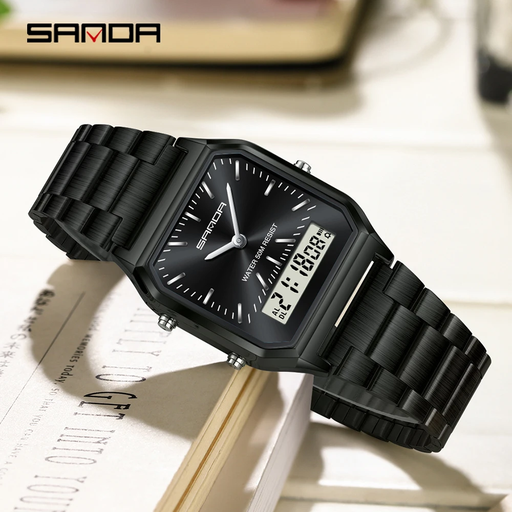 SANDA G style Unisex LED Digital Sport Watch Men Steel Strap Dual Display Women Boys Girl Military Waterproof Quartz Wristwatch