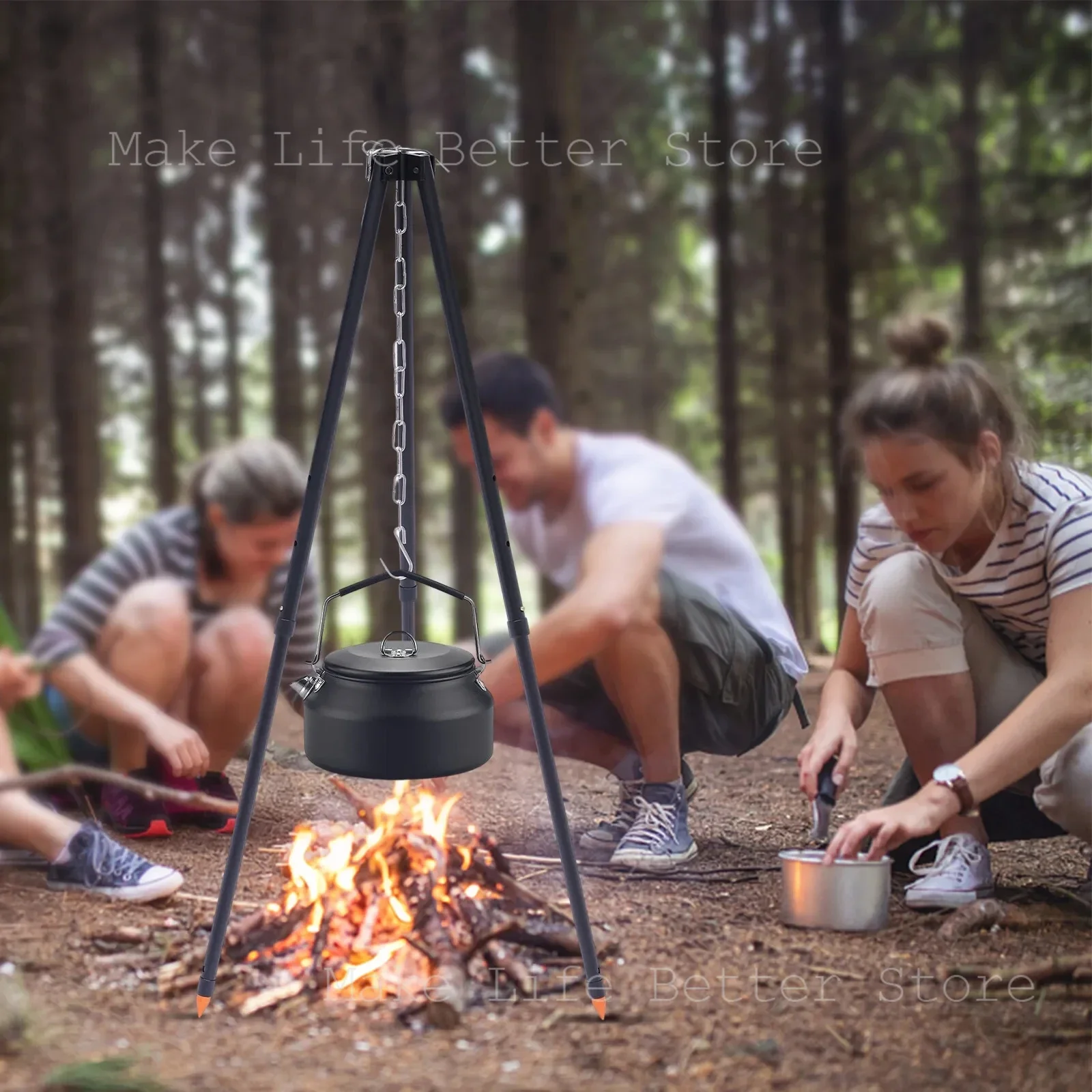 Camping Bonfire Tripod Portable Triangle Support Camping Bonfire Frame Picnic Campfire Cooking Pot Hanging Chain Support Rack