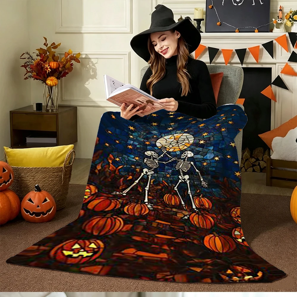 Halloween Blanket Dancing Skeletons Pumpkins Stained Glass Starry Night Throw Holiday Decor