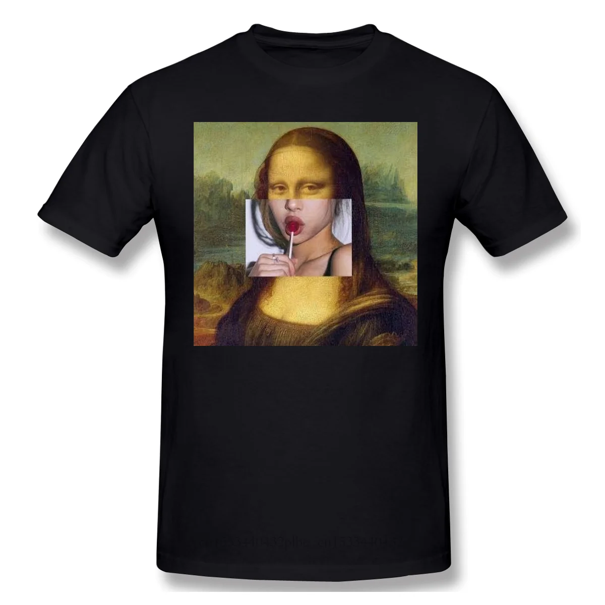 T-Shirts for Men Mona Lisa Funny Lollipop Lips Funny Crewneck Cotton T Shirt 2023