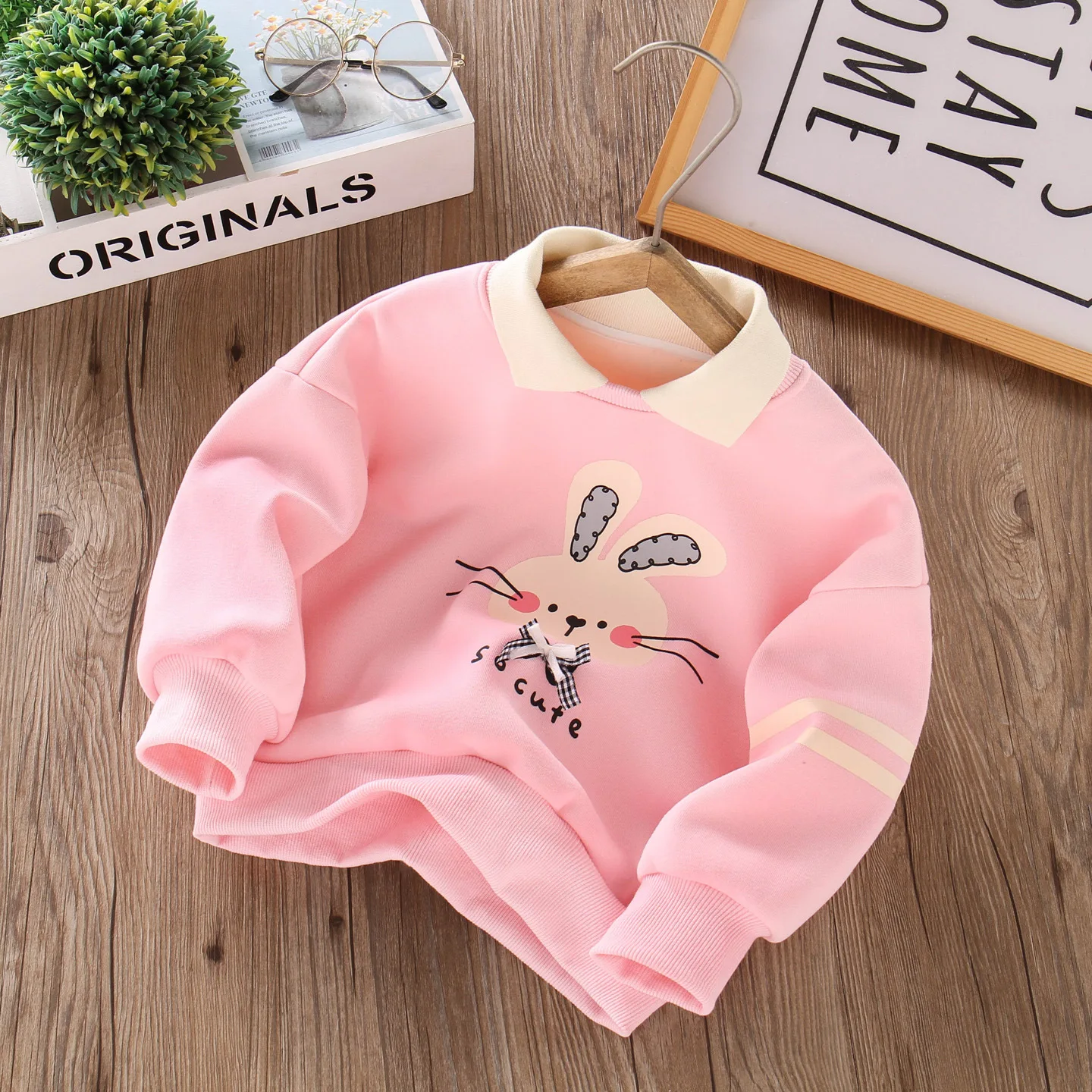 Girls' fleece sweater cartoon integrated fleece autumn and winter new baby top thickened children's bottoming shirt