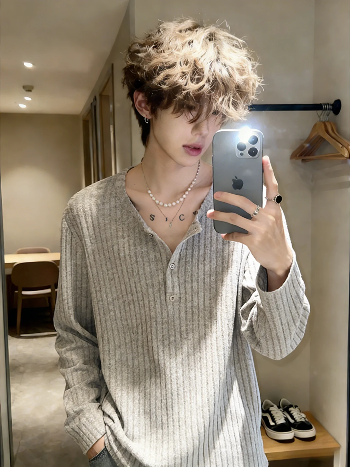 Men's Long Sleeve T-Shirt Henry Collar Sweatshirt Inner Wear Textured Spring Autumn American Retro Style Casual Fashion