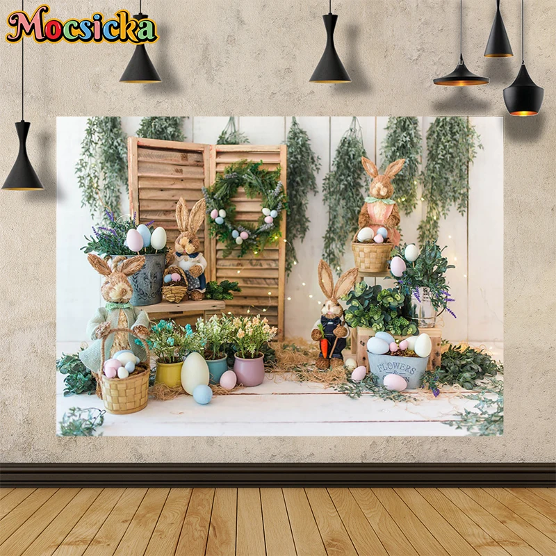 Mocsicka Easter Background Photography Spring Bunny Eggs Family Decorations Baby Shower Children Portrait Photo Backdrops Banner