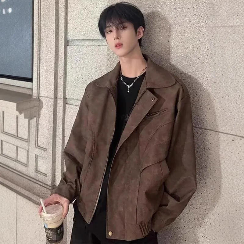 Men's American High Street Trend High-grade Sense of Baggy Lapel Handsome Biker Jacket Spring  Autumn Vintage Brown Leather Coat