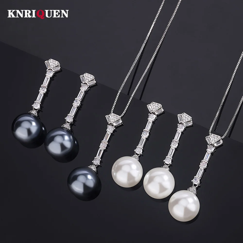 Charms 14mm White Black Pearl Tassel Pendant Necklace Dangle Earrings for Women Cocktail Party Fine Jewelry Set Accessories Gift