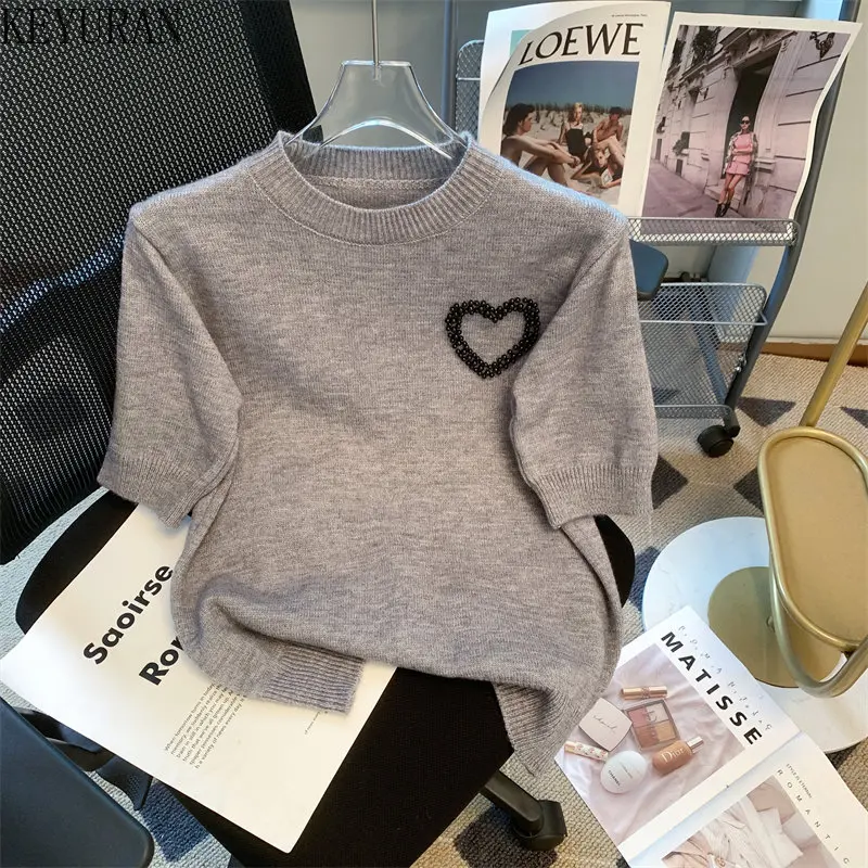 New 2023 Spring Summer Beading Heart Knitted Pullovers sweaters Women\'s Casual Loose Fashion O-Neck Short Sleeve Sweater Jumpers