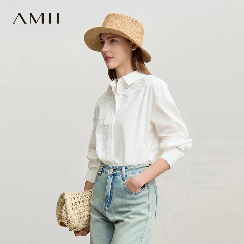 

Amii Women's Shirt 2026 Spring New Commuter Lapel Lace Splicing White Shirt Loose Drop Shoulder Sleeves Blouse Tops 12611002