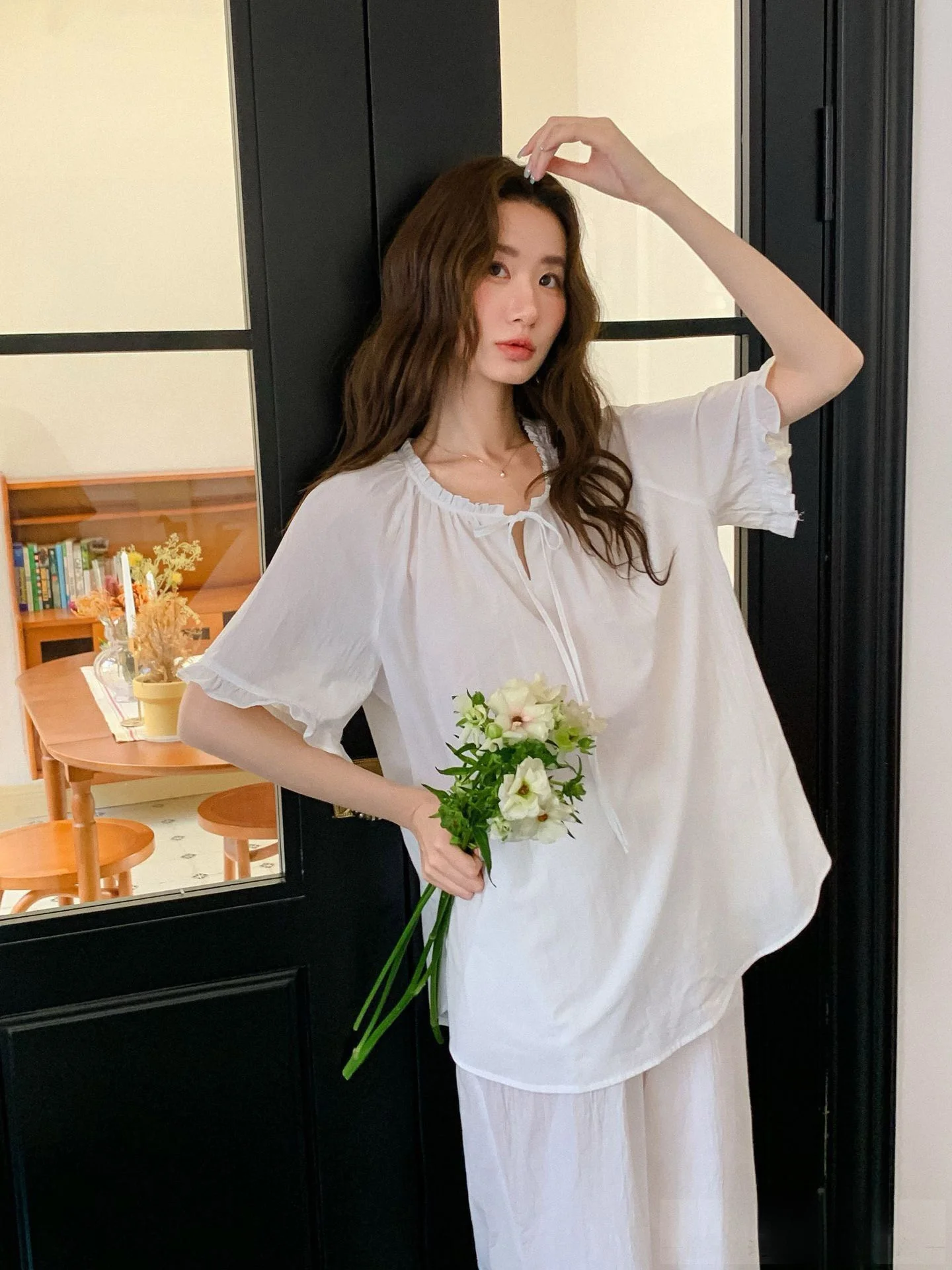 pure-cotton-summer-spwear-women's-casual-ort-sve-long-pants-home-clothes-set-white-lace-outerwear-summer-nightgown