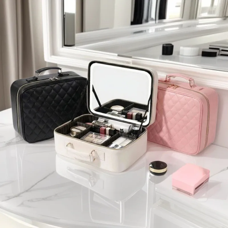 Fashion Luxury LED Three Ribbon Mirror Makeup Bag Large Capacity Travel Waterproof Toilet Bag Women PU Cosmetic Pouch