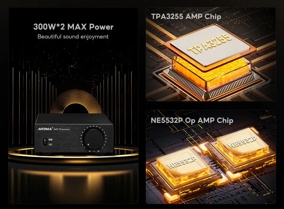 Amplificador de Áudio Digital 300Wx2 TPA3255 Aiyima A07 Premium