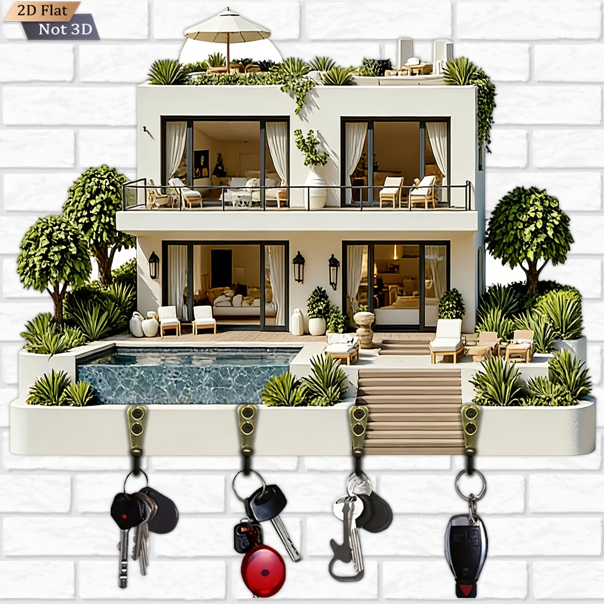 2D Flat, 1pc, Punch-Free Entrance Key Hook Wooden Multifunctional Home Key Hanger, with Four Metal Hooks, Wall Decoration,