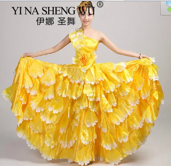 360 grande abertura vestido de dança florescendo flores trajes de desempenho de dança feminino saia grande pétala saia canção dança acompanhamento