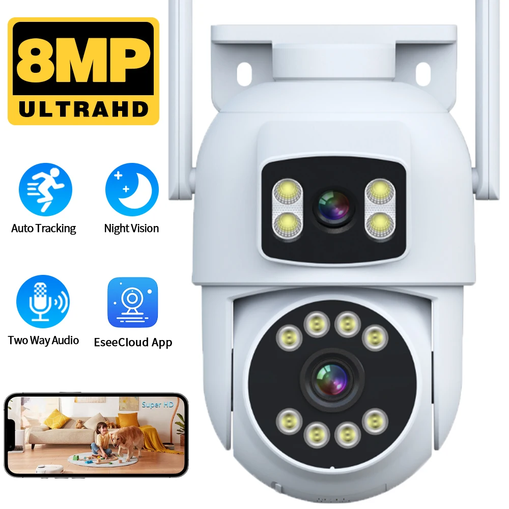 

8MP Dual Lens WiFi Security Camera Outdoor Two Way Audio Auto Tracking Wireless PTZ CCTV Video Surveillance Camera