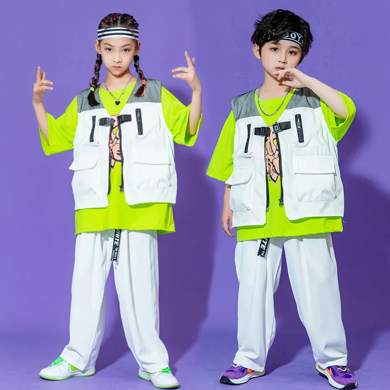 Kids Hip Hop Clothing White Jacket Vest Tops Thsirt Streetwear Baggy Pants For Girl Boy Ballroom Jazz Dance Costume Clothes