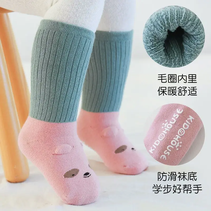 5 pairs Baby Socks Autumn Winter Color blocking cartoon Long Tube Floor Socks Non-Slip Thick Newborn Boys Girls Baby Socks