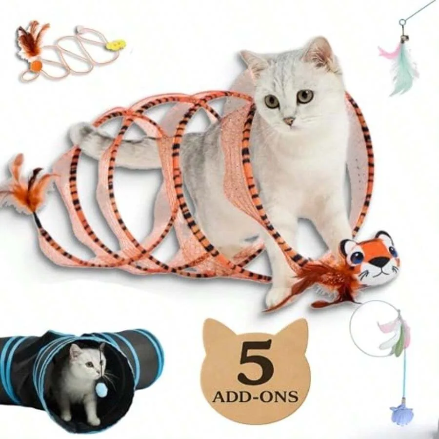 

【New Arrival】Cat Tunnel Toy Set with 5pcs Feather Teaser Attachments, Collapsible Spring Tube for Indoor Cats