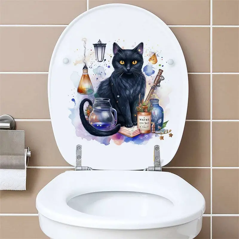 Pegatina de gato negro de dibujos animados para tapa de inodoro, pegatinas de pared, accesorios de Wc de animales, diversión para decoración del