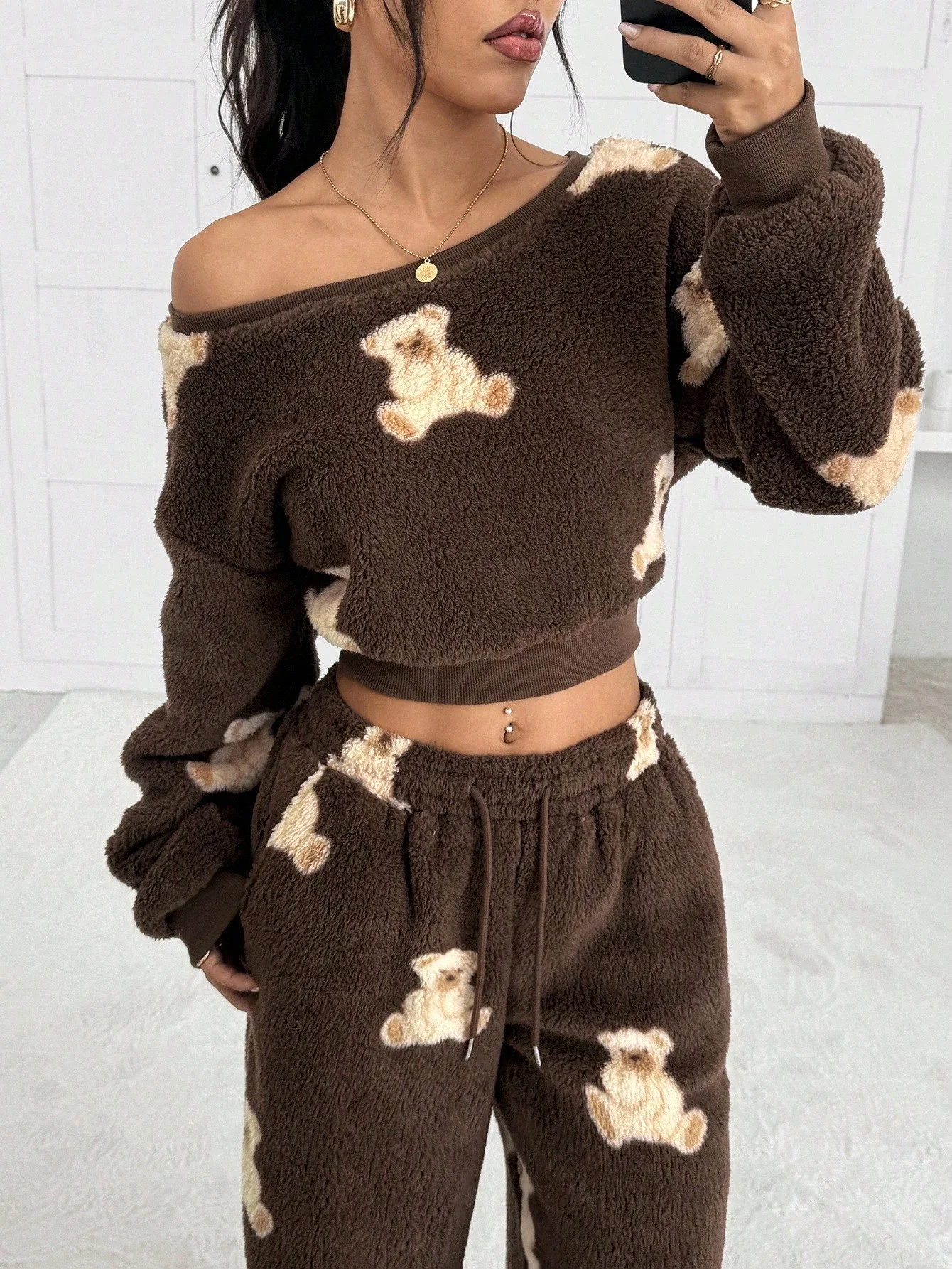 

Women Brown Teddy Bear Print Fleece Off Shoulder Crop Top And Wide Leg Pants Set