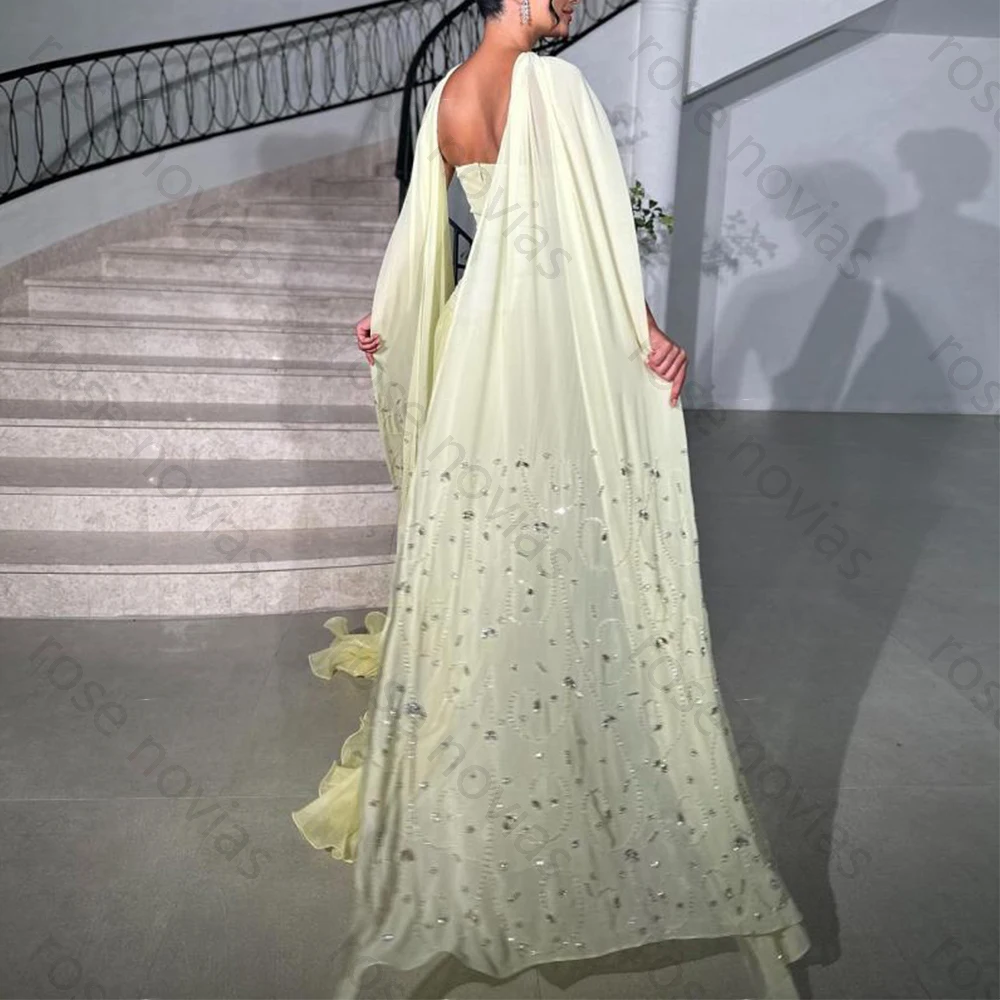 고품질 노란색 스트랩리스 쉬폰 이브닝 드레스 정교한 비딩과 드레이핑 A라인 바닥 길이 맞춤형 여성 이브닝 드레스