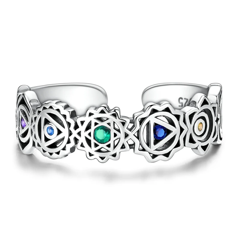 Original 925 Sterling Silber Funkelnde Bunte Yoga-Chakra Offene Ringe für Frauen und Mädchen, Schmuck, Geburtstags- und Jubiläumsgeschenke – Detail 2