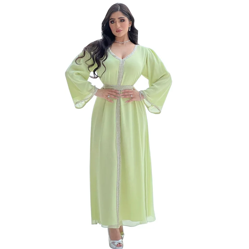 

Muslim Clothing Modest Women Dress Elegant Chiffon Beaded Diamonds Long Sleeves Middle East Abaya Party Gown with Belt