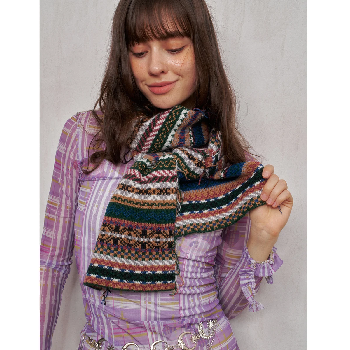 قطعة واحدة من وشاح الصوف المحبوك متعدد الألوان مع شرابات، ناعم، مقاوم للبرد، متعدد الاستخدامات لتدفئة الرقبة