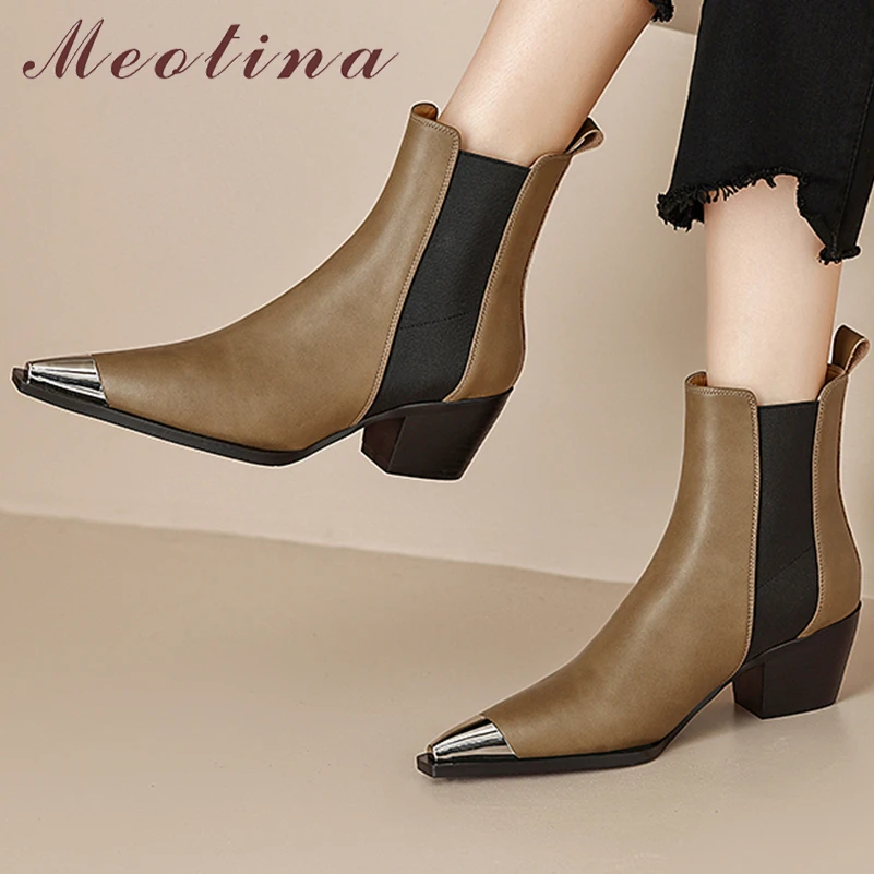 

Meotina Women Genuine Leather Ankle Boots Pointed Toe Block High Heels Chelsea Short Boots Ladies Fashion Shoes Autumn Winter 40