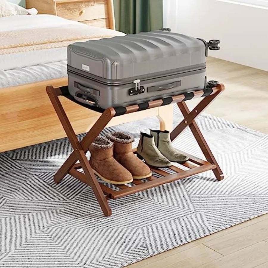 

Fully Assembled Walnut Luggage Rack, Upgraded Bamboo Foldable Suitcase Stand with 5 Nylon Straps, Luggage Holder with Shelf for