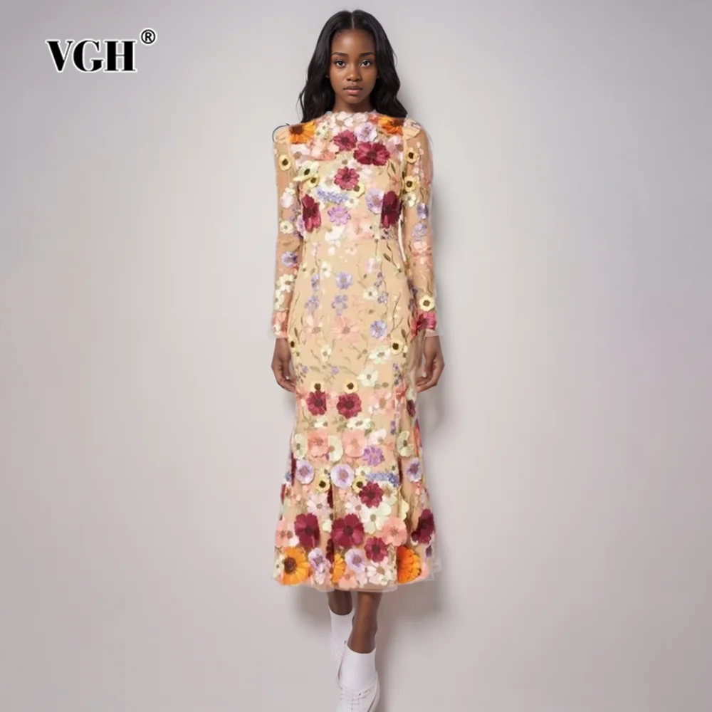 

VGH Hit Color Patchwork Appliques Elegant Dresses For Women Round Neck Long Sleeve High Waist Temperament Slimming Dress Female