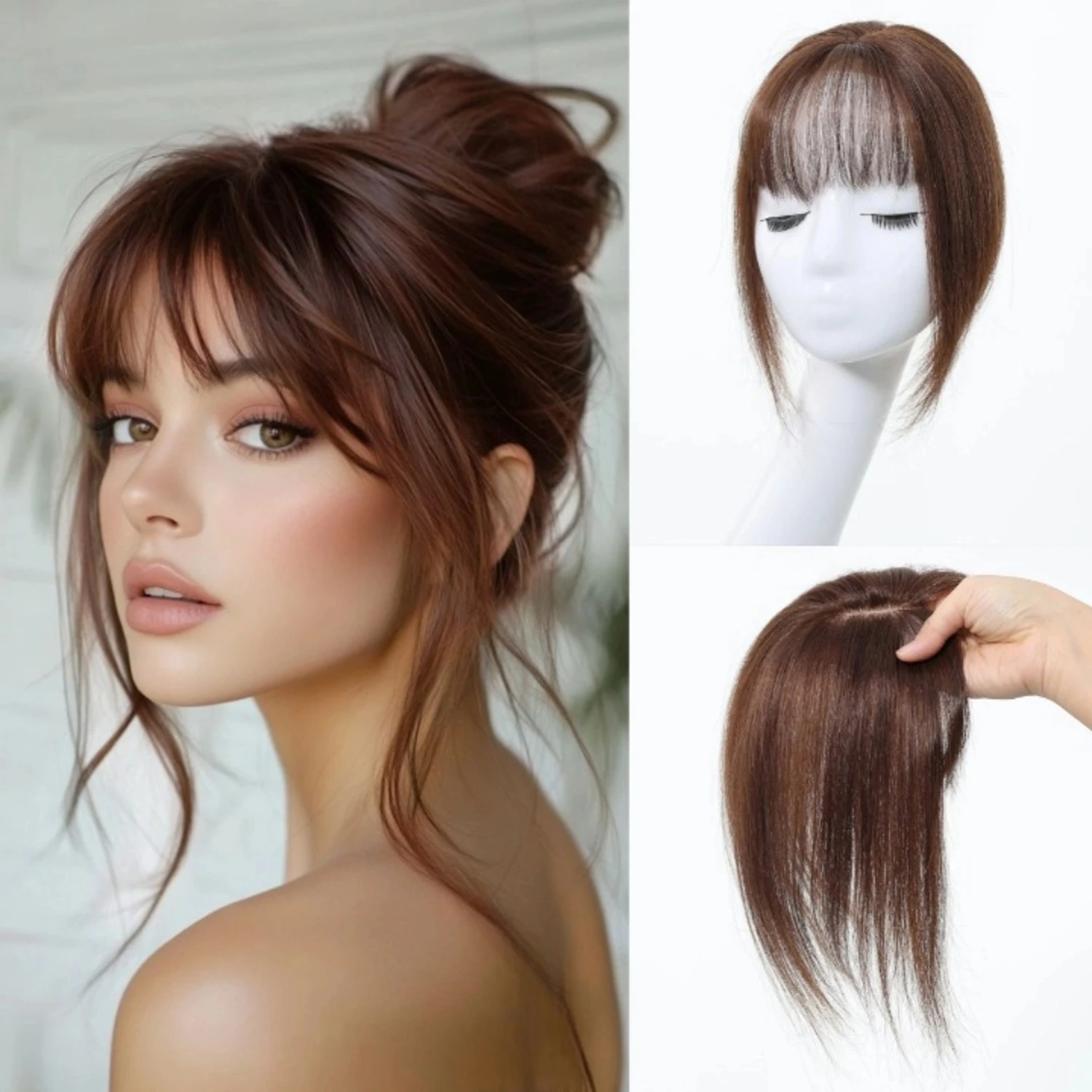 Brown 10 Inch Silk Base Remy Human Hair Toppers with Bangs 3 Clip in Hairpieces for Women Human Hair Extensions Daily Party Use