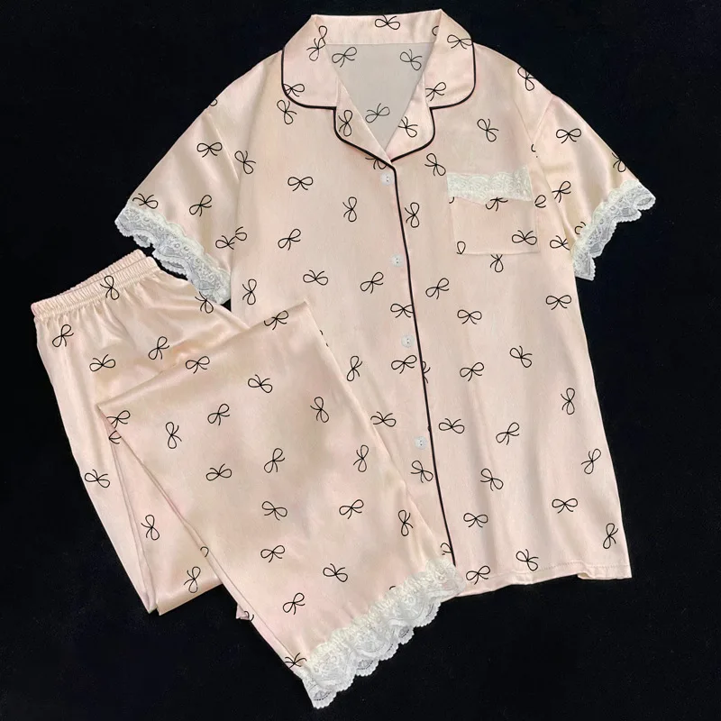 New Summer Women's Bow-Tie Style Lightweight Silk-Feel Short-Sleeve Pants Cooling Sleepwear Set Girls' Style Casual Loungewear