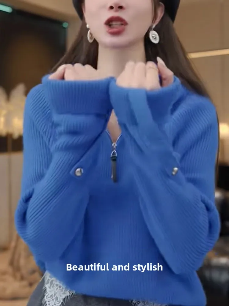 เสื้อคลุมไหมพรมมีฮู้ดสำหรับผู้หญิง ฤดูใบไม้ร่วง ฤดูหนาว แขนยาว สวมหัว สไตล์ลำลอง แฟชั่น ดีไซน์ซิป ไซส์ใหญ่ ใส่เป็นเสื้อตัวในได้