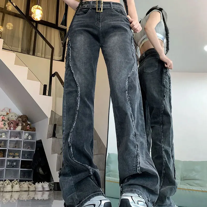 

Stylish High Waist Black Washed Trousers Female Clothing Wide Leg Denim Pants Distressed Stitch Detail Streetwear Casual Jeans