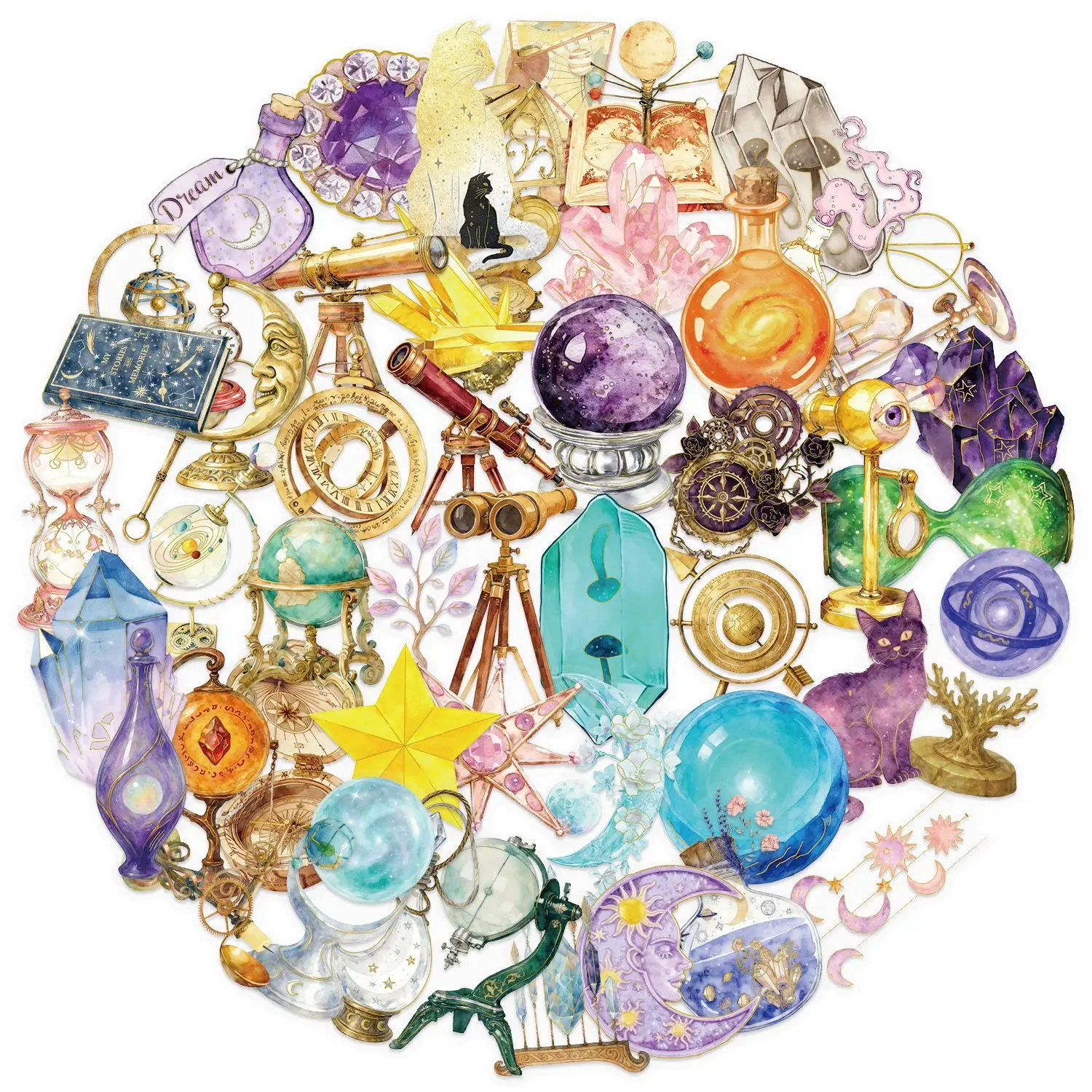 50Pcs Retro Astronomy Universe Planet Gold Foil Stickers Gothic Magic Crystal Aesthetic Decals Waterproof DIY Decor For Notebook