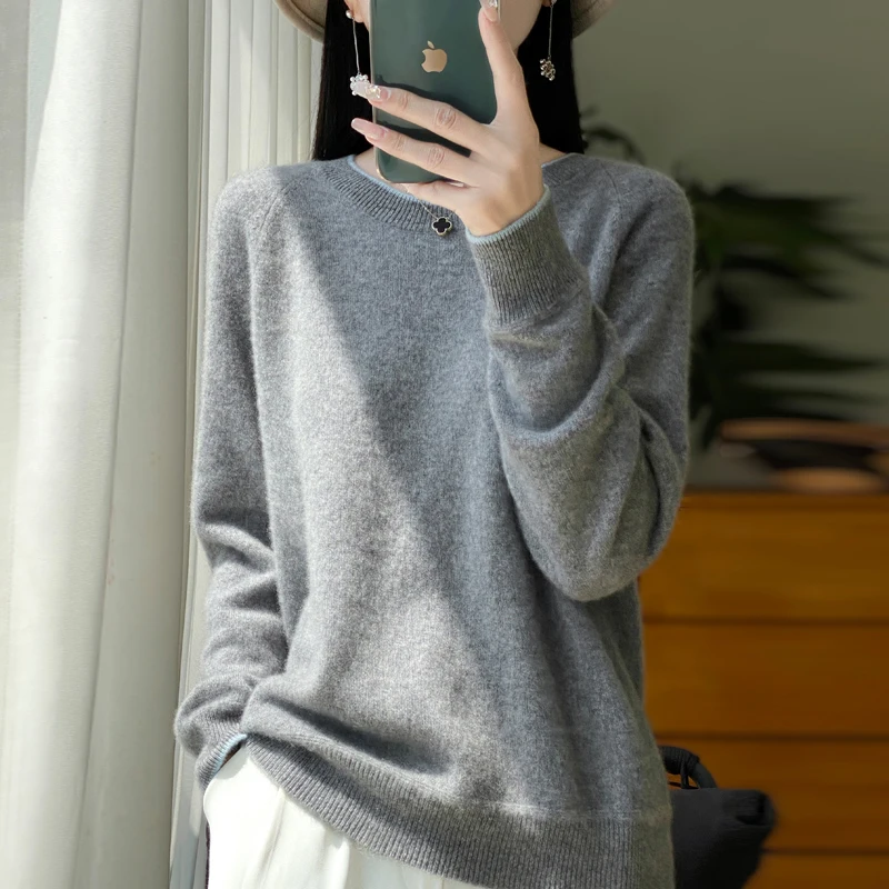 Autumn and Winter Women Sweater 100% pure wool O-Neck Thick&Loose Casual Long Sleeve Knitwears Pullover Tops Female clothing