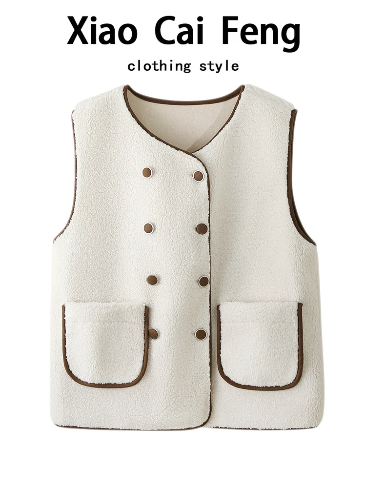 

Теплый женский осенне-зимний двухрядный жилет на пуговицах с мехом ягненка, модный универсальный круглый топ Ne Top