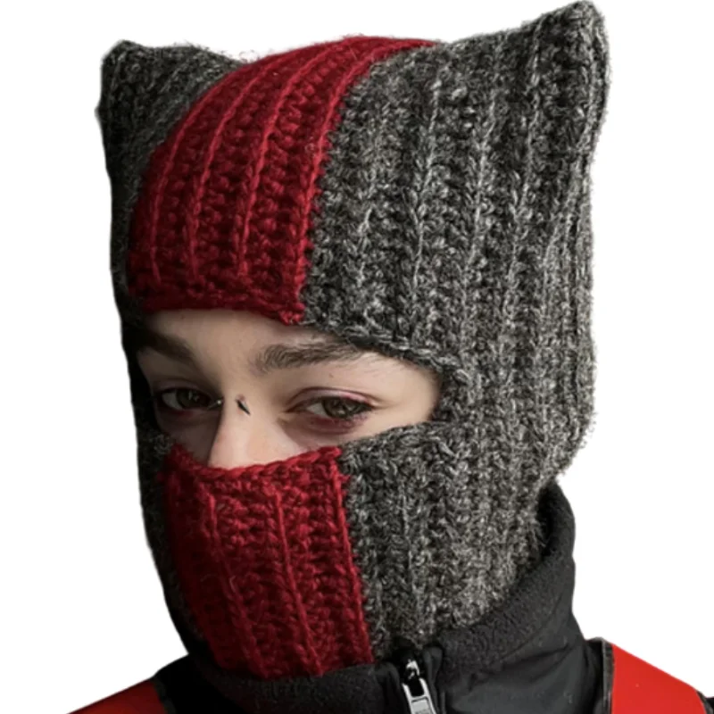 Knitting Single Hole Skull Hat Funny Ear Pullover Hat Warm Balaclava Hat for Men Women Outdoor Activity Cycling Hat