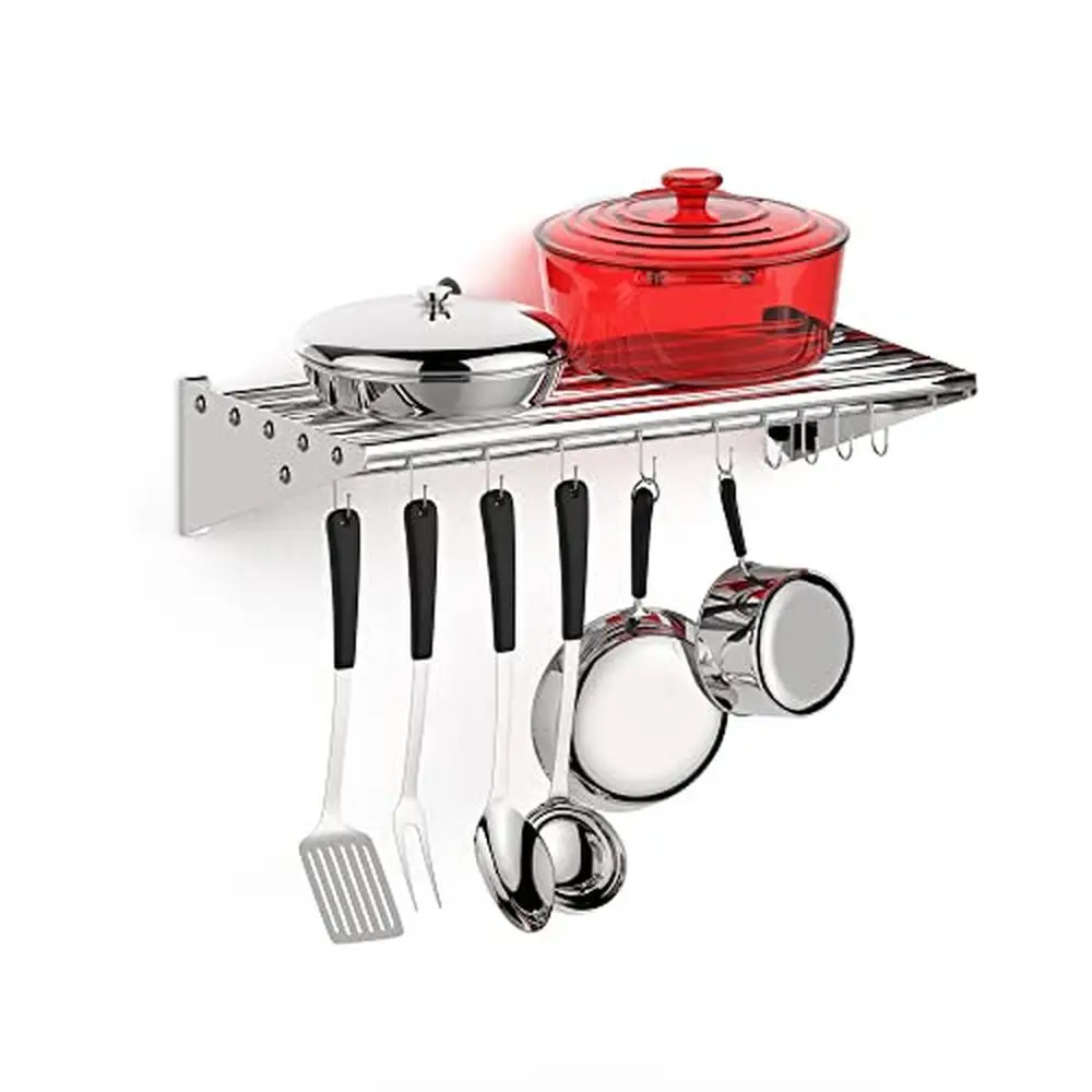 Stainless Steel Wall Shelf Pot Rack with 10 Removable S Hooks NSF Certified Storage Organizer