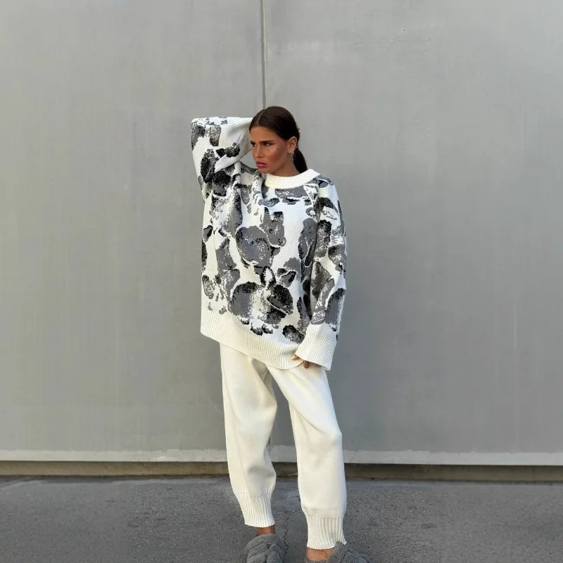 

Популярный осенний свободный вязаный комплект с круглым вырезом, топ с длинными рукавами, повседневные длинные брюки, модный индивидуальный комплект из двух предметов для женщин