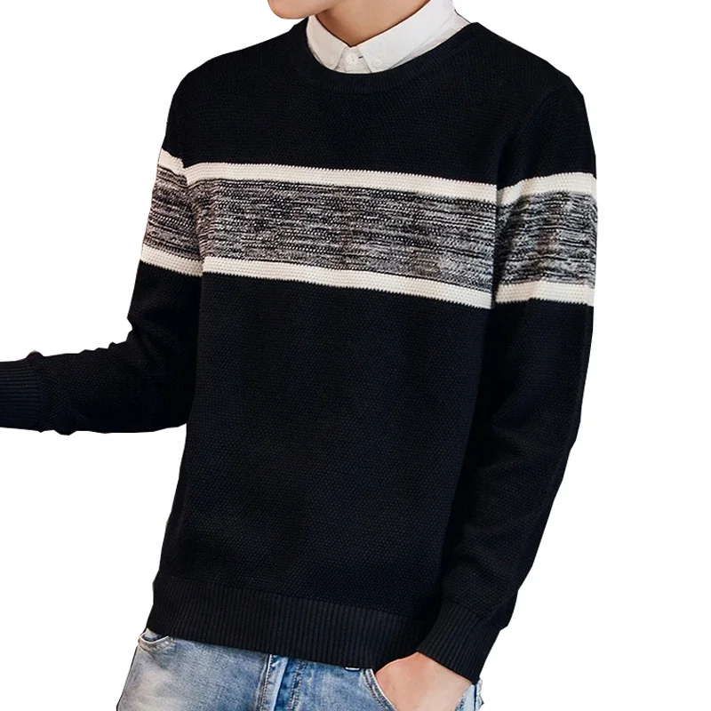 Pop Autumn Casual Men's Sweater Slim Pitchwork Plus Size Men's Knitted Pullover Sweater 2025 New Cotton O-Neck Black Sweater Men