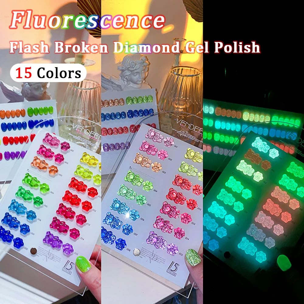 Vendeeni 15 Colors Fluorescence Flash Broken Diamond Gel Nail Polish Semi Permanent Glitter UV Soak Off Gel Varnish With Display