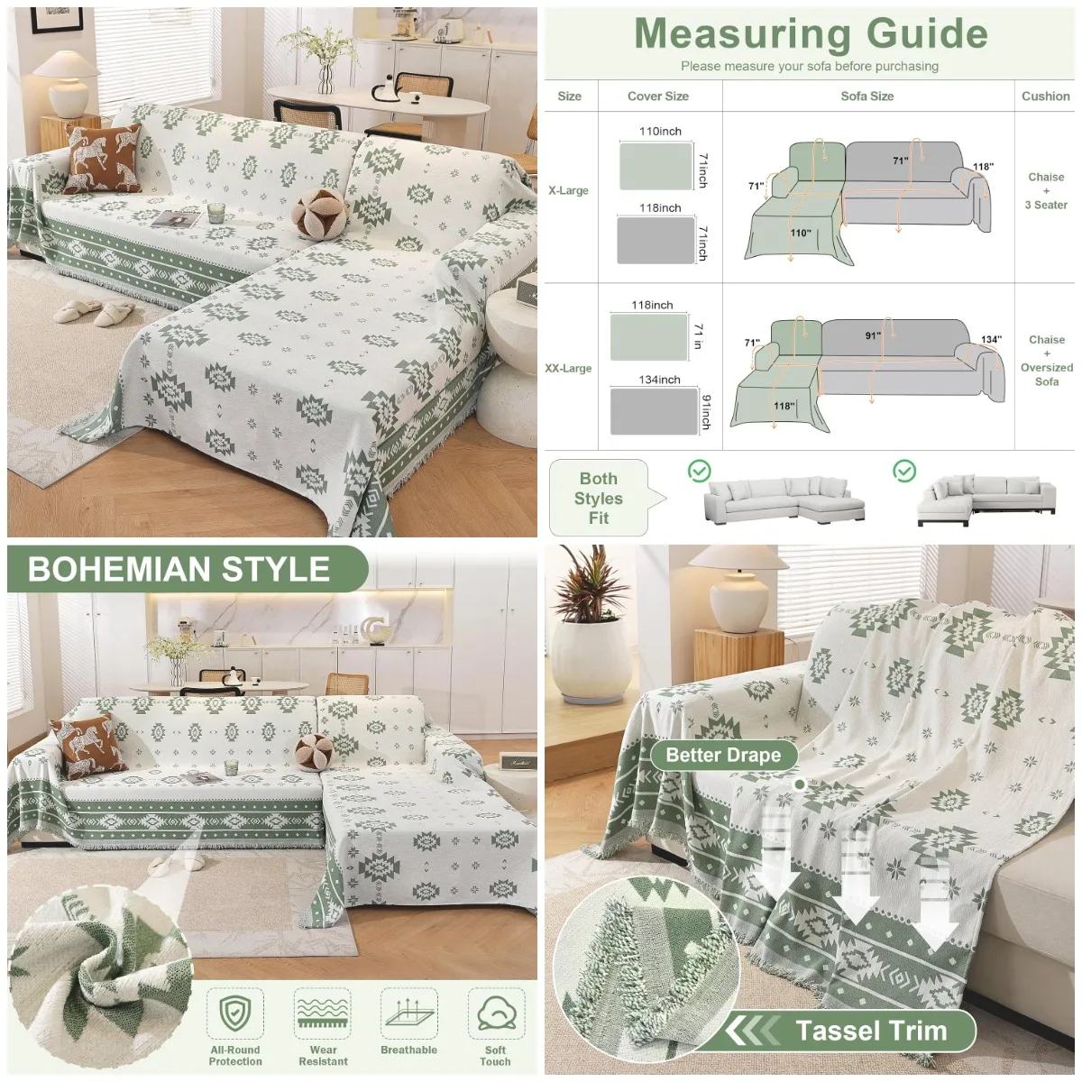 

L-Shaped Couch Covers 2-Piece, Washable Sofa Slipcover for Dogs, Green (71'x102' + 71'x118')