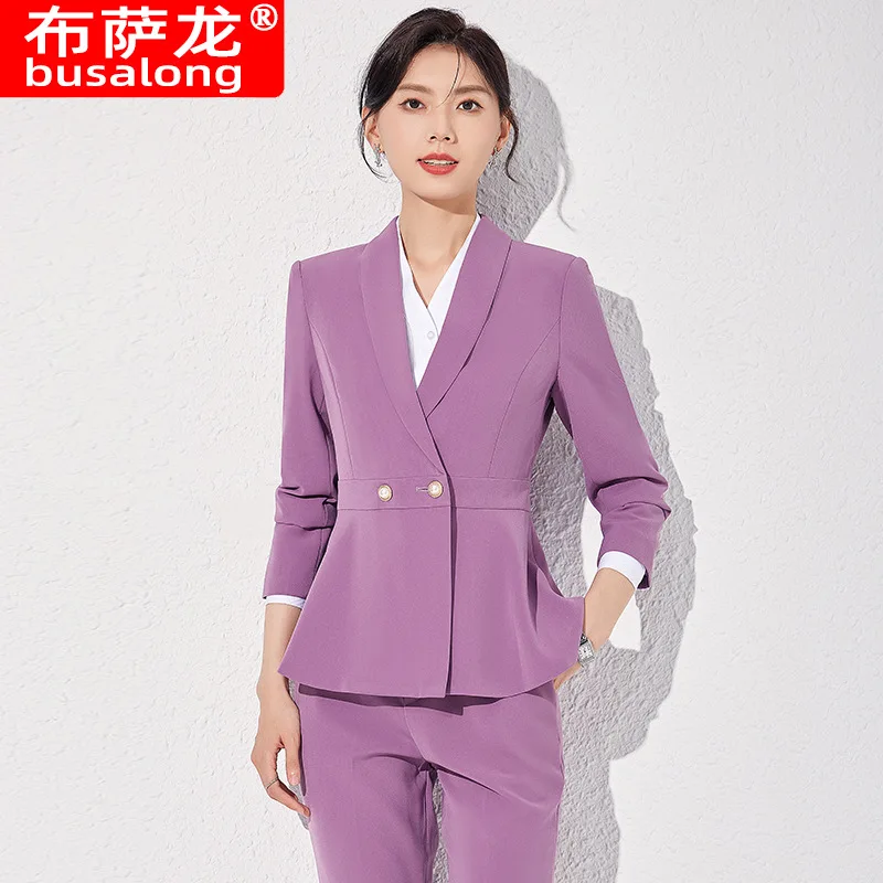 Business Suit Women's High-End Temperament Casual Fashion Set Long Sleeve Suit Coat Hotel Receptionist Uniform Work Clothes