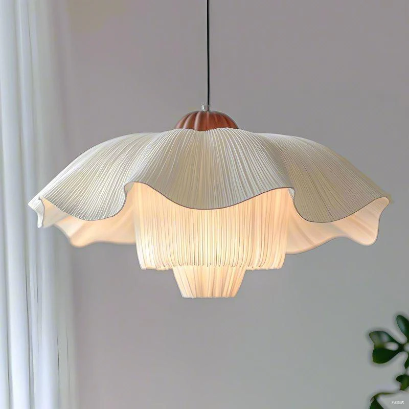 French Cream Style White Pendant Lamps for Living Room Dining Room Bedroom Dec 40cm 50cm 60cm Flower Shape Fabric Hanging Light