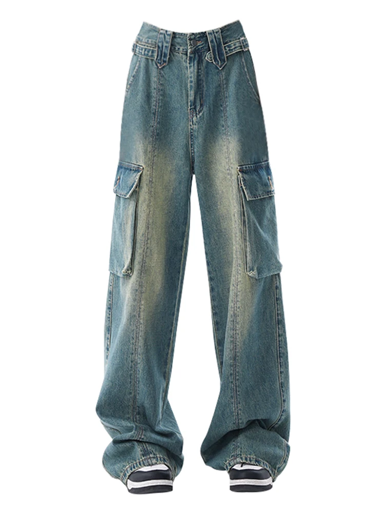 

Y2K Jeans Women's Summer 2023 New High Waist Baggy Pocket Straight Washed Blue Wide Leg Pants Ins Korea Fashion American Retro