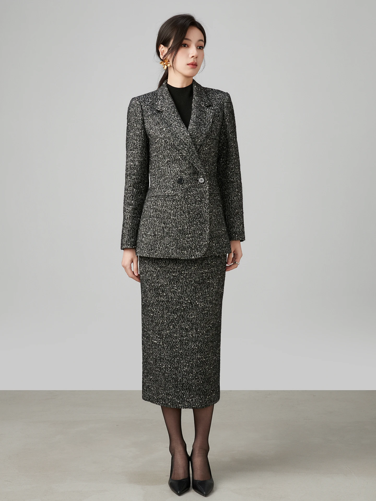 

Bla Woolen Suit Skirt Set for Women Thiened Yarn Busin Office Chopstis f Skirt Slit Set Commute Casual Interview