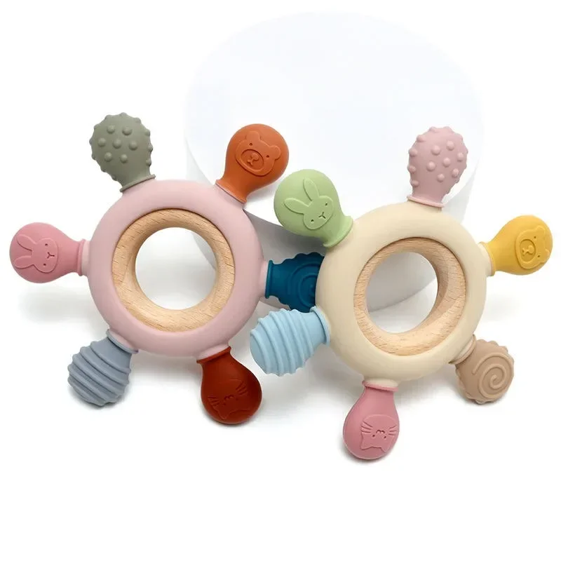 Food Grade Infant Silicone Wooden Rudder Teether Ring for Newborn Health Care Nursing Teething Toys BPA Free Baby Accessories