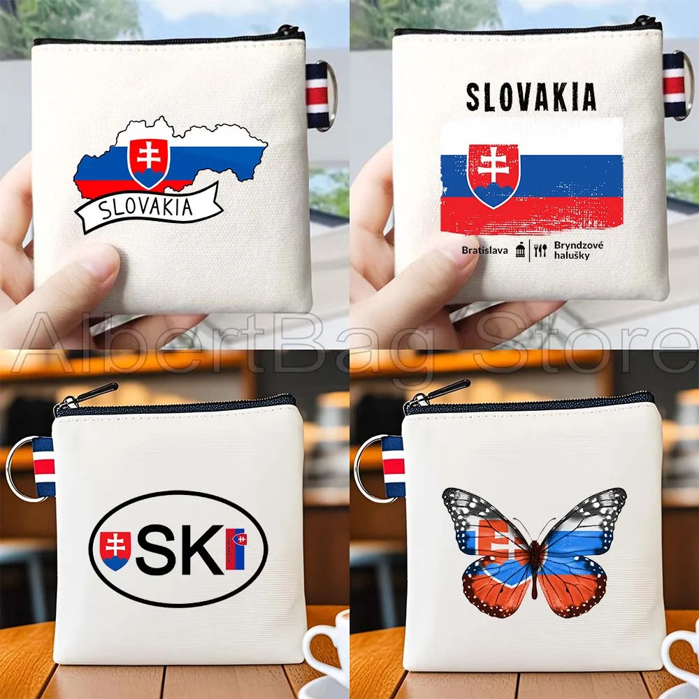 

Slovakia Country Flag Butterfly Heart Slovakian Map Gifts Canvas Coin Purse Small Square Key Bag Storage Card Bag Wallet Pouch