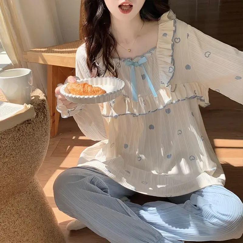 2024 New Women Long Sleeve Thin Pure Cotton Pajamas Cotton Breathable Homewear Suit Loose Casual Female Two-Piece Nightclothes